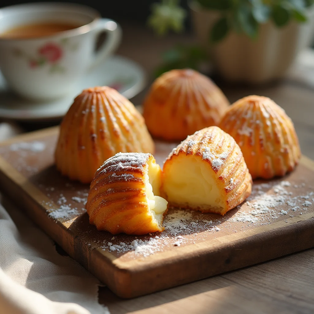 Madeleines moelleuses dorées et parfaitement bombées, avec une texture fondante et des bords croustillants, présentées sur une planche en bois rustique.