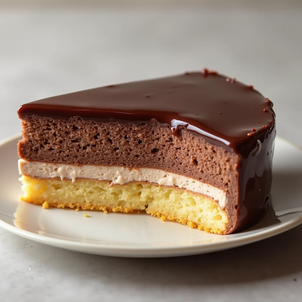 Coupe d’un Gâteau Trianon montrant trois couches distinctes : une base croustillante dorée, une mousse au chocolat légère et fondante, et un glaçage miroir brillant sur le dessus, présenté sur une assiette élégante.