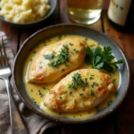 Assiette de poulet à la crème et moutarde, nappé d'une sauce onctueuse, accompagné de purée maison et décoré de persil frais.