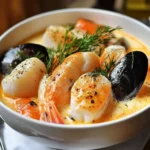 Cassolette de poisson garnie de crevettes, moules et noix de Saint-Jacques dans une sauce crémeuse, servie avec de l’aneth frais.