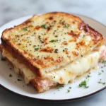 Croque monsieur au four bien doré, garni de fromage fondant et de jambon, servi chaud sur une assiette avec une touche de persil.