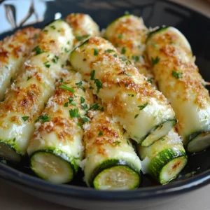 Assiette de croustillants courgettes fromage dorés au four, garnis de chapelure croustillante et de persil frais, présentés de manière appétissante.