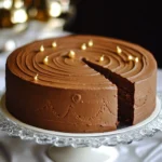 Photo d’un Gâteau Trianon fait maison, joliment décoré avec une ganache au chocolat lisse et des touches dorées sur le dessus