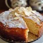 Gâteau maison aux amandes, garni de sucre glace et de lamelles d’amandes, avec une part manquante laissant apparaître une texture moelleuse à l’intérieur. Le gâteau repose sur une surface brillante, avec une théière floue en arrière-plan.