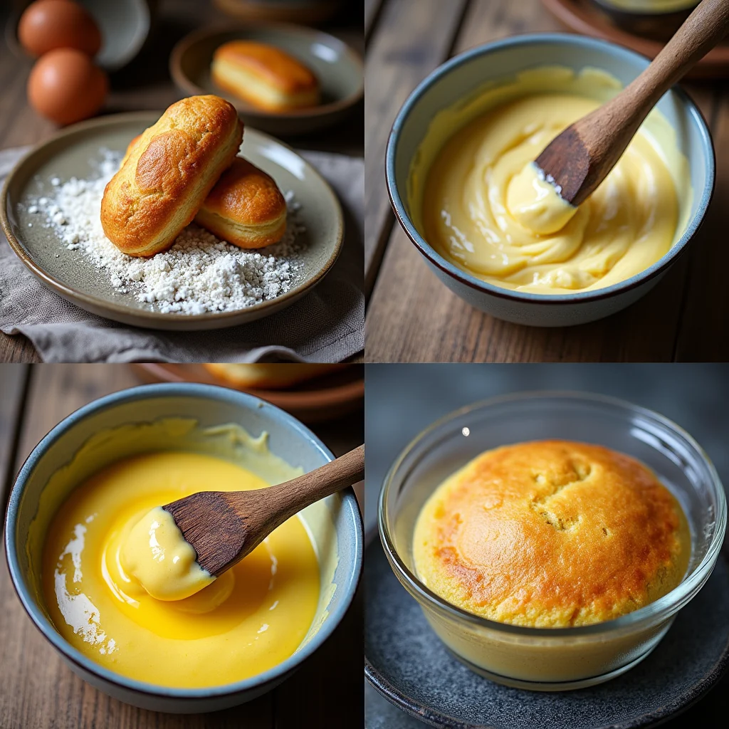 4 images étape par étape : ingrédients frais, mélange mousseux œufs-sucre, incorporation de la farine et beurre, pâte reposant au frigo - préparation parfaite de madeleines moelleuses.